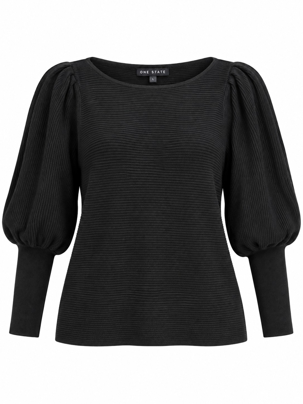 1.STATE | Black Ribbed Balloon Puff Sleeve Scoop Neck Minimalist Sweater | L